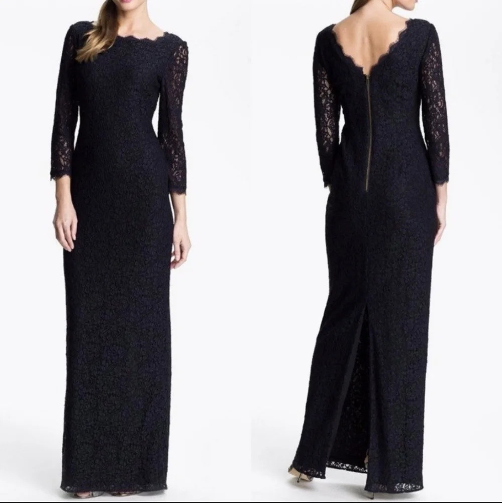 Adrianna Papell Scalloped Floral Lace Over Evening Gown 3/4 Sleeves Maxi Dress 4